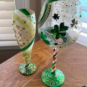 Lolita Irish Wine and beer glasses 1 of each. Tri- color w/ bling.